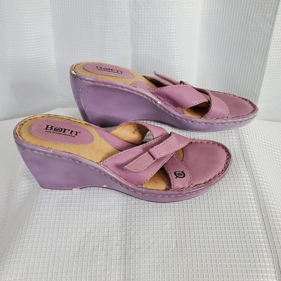 Born Handcrafted Footwear Size 8/39 Leather Wedge Sandals Heels Straps Purple - Picture 2 of 16